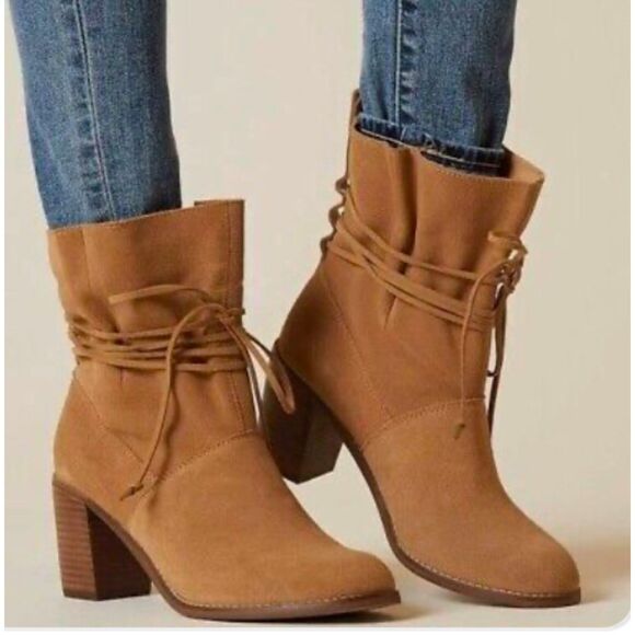 TOMS Mila Ankle Boots Brown Tan Suede Lace-Up Block Heel Women’s Size 10 - Picture 1 of 9